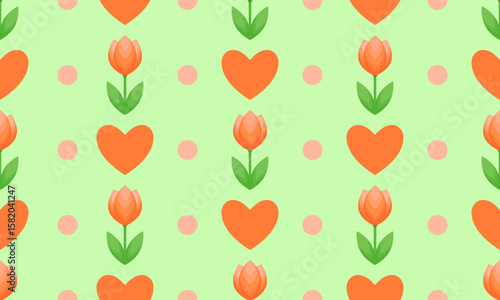 Orange color tulip and hearts isolated on a green  background. Seamless pattern under clipping mask, convenient for editing. Festive background for paper, cover, textile, gift wrap, packaging.