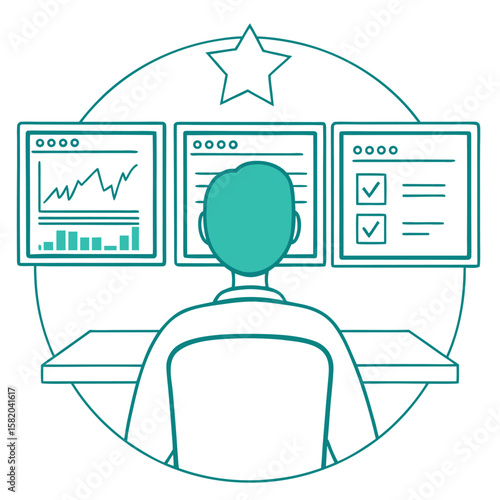 Isolated line drawing of an individual seated before three screens with data analysis