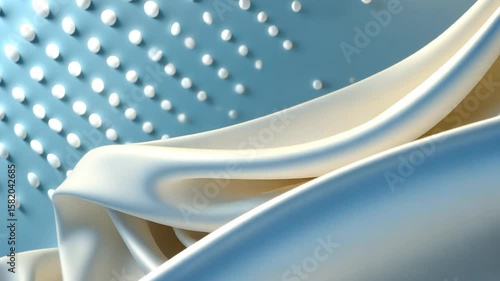 Abstract image of flowing white fabric against a light blue background with small white dots. The fabric drapes and folds in soft, elegant curves. The image has a clean, minimalist aesthetic