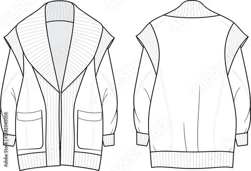 Flat sketch of oversized cardigan jacket with wide shawl collar, ribbed cuffs and hem, front patch pockets, front and back view