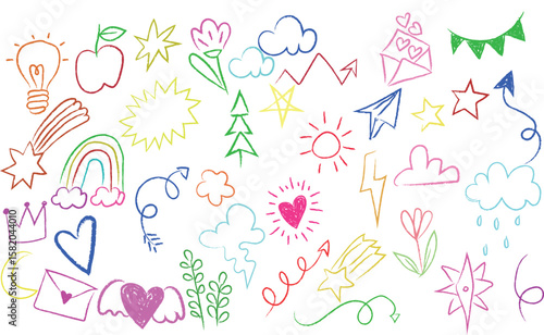 Crayon pencil vector set. Color lines and shapes with brush texture. Doodle paint background with chalk hand drawn elements. Sketch kid scribble, abstract children bg. Crayon shape, arrow circle heart