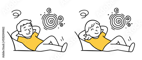 Man And Woman Reclining Relaxed Pose and Spiral Thought in Yellow T-shirt. Lying Back, Happy Expression Hand-Drawn Line Doodle Style Vector Illustration