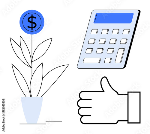 Plant with dollar sign symbolizing growth, calculator for financial planning, and thumbs-up gesture indicating approval. Ideal for finance, investment, success, savings, planning, growth simple