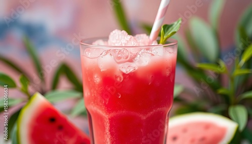 Wallpaper Mural Close-up of vibrant pink watermelon slushie in a glass, chill, cold Torontodigital.ca