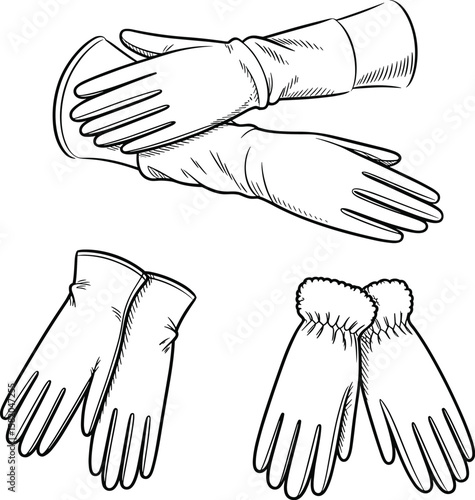 Hand-drawn glove illustration, winter gloves sketch, fashion accessories design, vector handwear collection, detailed glove drawing, cold weather style