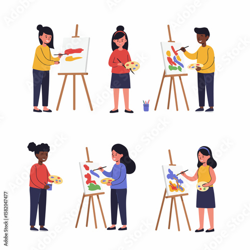 Happy diverse group of children painting on easels during an art class, illustrating creativity and learning.
