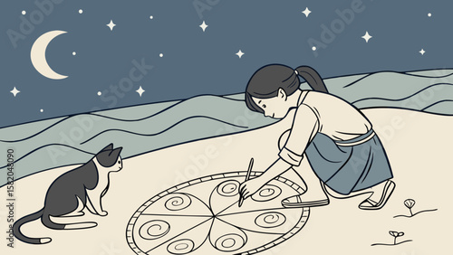 Girl and Cat Drawing Moon Phases in Sand – Ritual Bond Silhouette