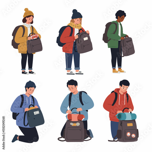 Diverse young people preparing and interacting with their backpacks, illustrating concepts of travel, school, and getting ready for a journey or adventure.