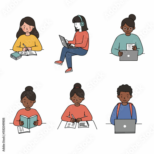 Diverse Young Students Learning: Reading, Writing, and Using Laptops in Simple Cartoon Illustration Style