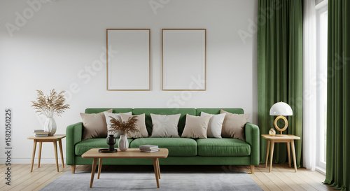 modern living room with green sofa