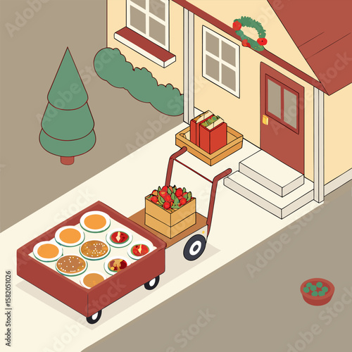 A festive holiday delivery scene with a cart full of food and gifts arriving at a house decorated with a wreath and a christmas tree outside