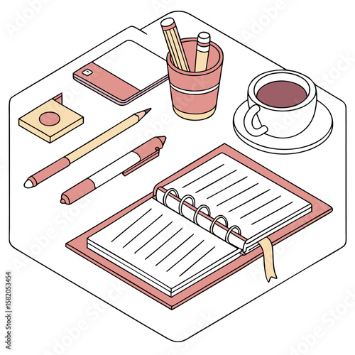 A flat lay isometric illustration of a desk with a notebook pens pencils in a cup a tablet a tape dispenser and a cup of coffee perfect for study or work organization concepts