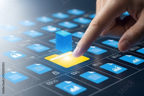 Finger interacting with digital files and folders to organize data on an electronic interface concept