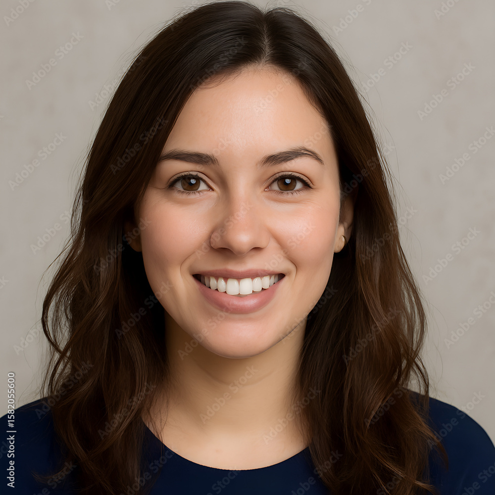 Portrait of a Smiling Woman with Brown Hair and Eyes on a Neutral Background Showcasing Natural Beauty Portrait of a Smiling Woman with Brown Hair and Eyes on a Neutral Background Showcasing Natural Beauty
