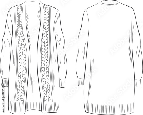Long cable knit cardigan flat sketch, open front sweater design, fashion technical drawing, stylish winterwear, women’s cozy outer layer