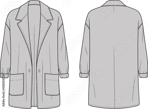Long sleeve women’s coat fashion flat sketch, front and back view, stylish outerwear template, minimal overcoat design technical drawing