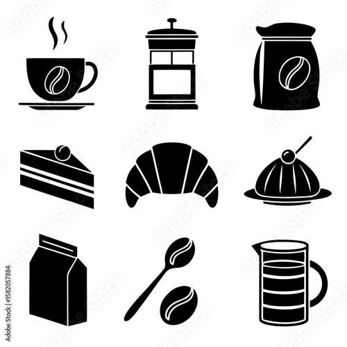Coffee and Pastry Icons french press coffee beans