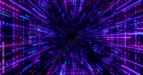 Futuristic glowing neon waving rays background. Shining geometric purple grid and lines inside corridor in perspective. Bright retro digital cyberspace. 4K 3D rendering loop animation.