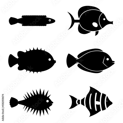 Six black fish illustrations diverse reef dwellers
