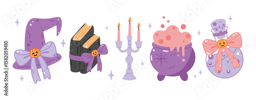 Set of cute witch Halloween elements hat, spell books, candelabra, cauldron, and potion bottle. Perfect for spooky designs.