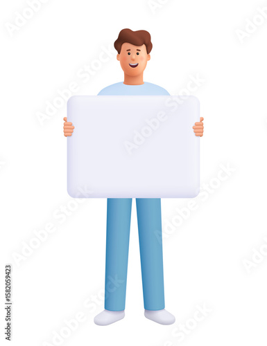 Young smiling man James holding a large empty blank or banner. Marketing, communication, advertising and presentation concept. 3d vector people character. Cartoon minimal style.