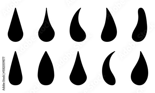 Drop silhouettes set isolated on a white background. Different drop shapes.  Oil, tear, rain, water drop. Water drop, raindrop icon set. Vector illustration.