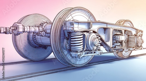 Detailed technical illustration of train bogie