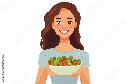 Smiling happy woman eating a bowl of salad for breakfast, promoting a healthy diet and positive well-being, Generative AI