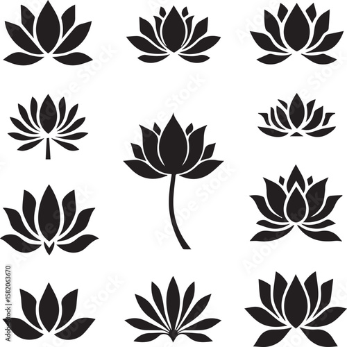 Silhouettes featuring the Lotus flower, a revered Indian sacred symbol, Vector set of black and white flowers