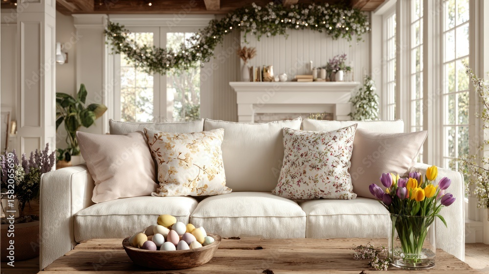 Obraz premium Cozy interior sofa, pillows, Easter eggs, spring flowers