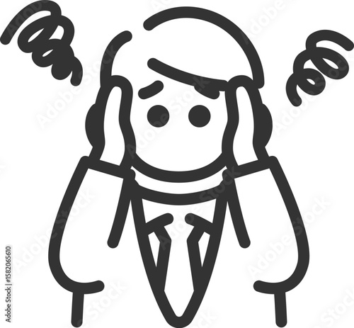 悩んでいる、ビジネスマンのアイコン（線画）のイラスト