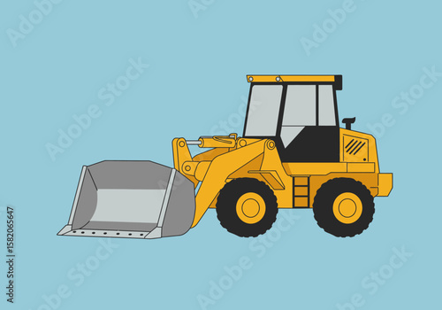 Vector Illustration of a Yellow Wheel Loader with a Bucket on a Blue Background for Construction and Design Needs.
