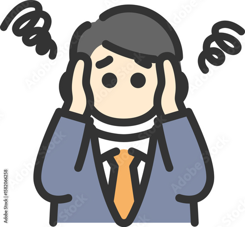 悩んでいる、ビジネスマンのアイコン（線画カラー）のイラスト