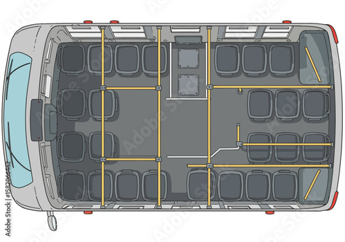 Interior View of a Shuttle Bus Passenger Seating Layout and Vehicle Design Elements. Aerial perspective shows bus layout, accessibility features