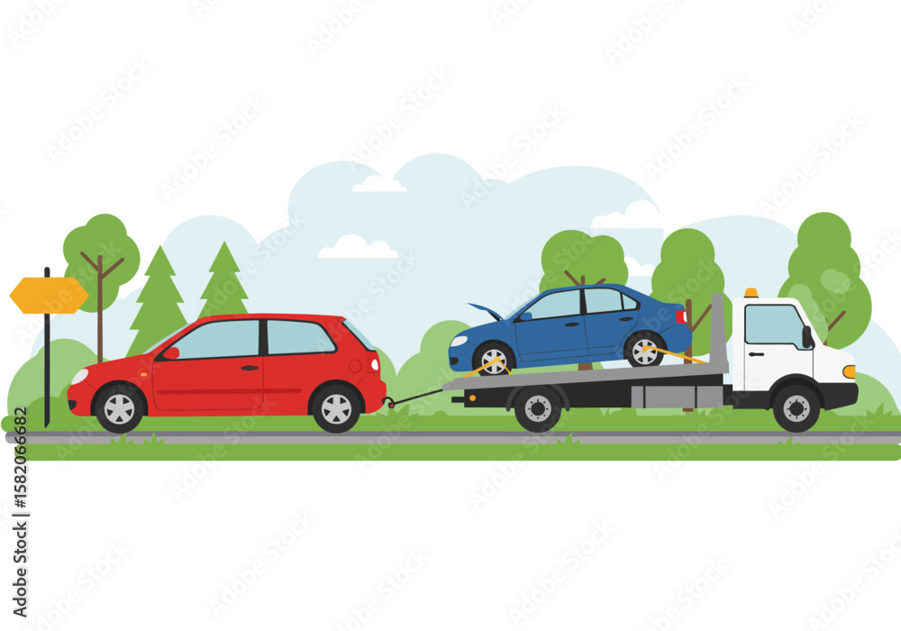 Fototapeta premium Roadside Assistance Scene Car Towing & Breakdown Service Illustration on Road in Countryside