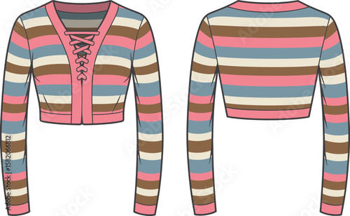 Striped lace-up cropped sweater front and back view, colorful knitwear top, fashion flat sketch, stylish long sleeve design