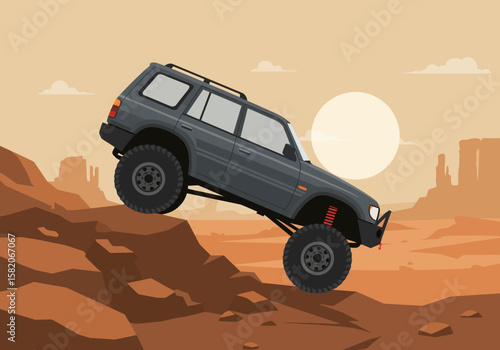 Off-Road Adventure 4x4 Vehicle on Desert Terrain Under Bright Sunlight in a Flat Style Design