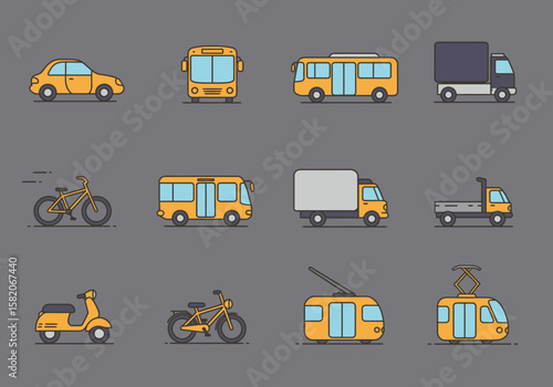Variety of Yellow Transport Icons Cars, Buses, Scooters & More for Easy Urban Mobility Illustration