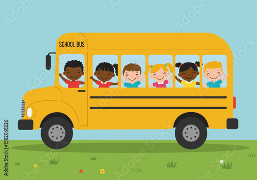 Cheerful Children Riding a School Bus Back to School Excitement in Vibrant Illustration