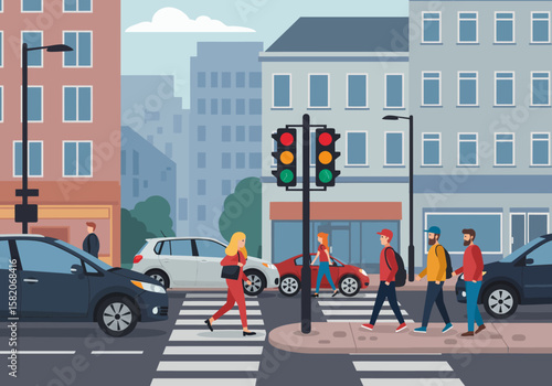 Urban Cityscape Pedestrians Crossing at Traffic Lights in a Modern City