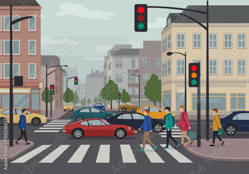 Cityscape Illustration Pedestrians Crossing at a Busy Intersection with Traffic and Buildings, embodying urban scene with crossing.