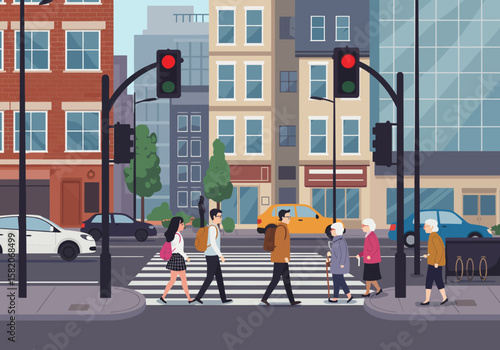 Urban Pedestrian Crossing Scene City Life Illustration with People and Traffic Lights