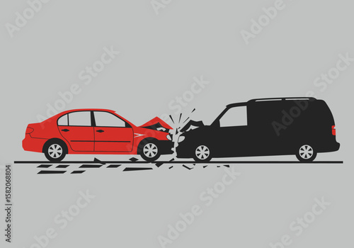 Vector Illustration Depicting a Car Accident Red Car and Black Van Collision Showing Damage