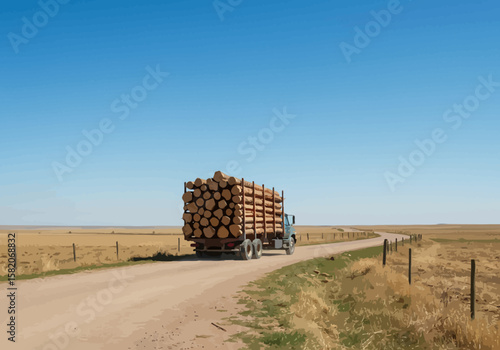 Truck Carrying Lumber on a Dirt Road Under a Clear Blue Sky A Rustic Transportation Scene