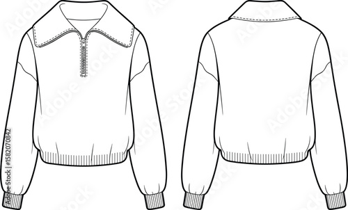 Trendy half-zip pullover sweater flat sketch, fashion design template, casual long sleeve top with collar, technical drawing illustration