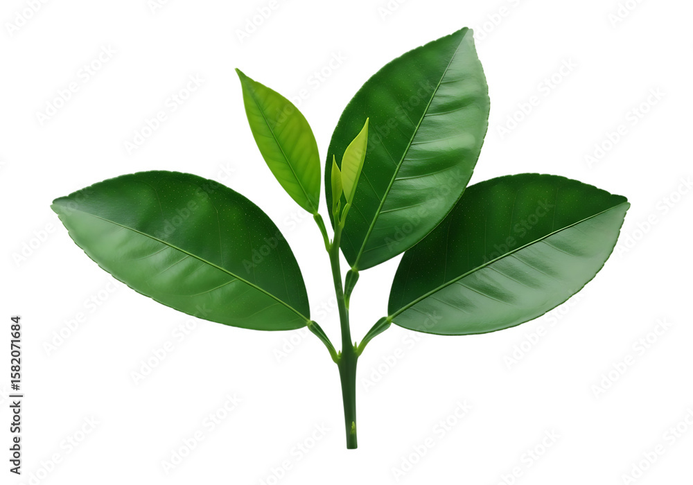 Fototapeta premium Vibrant green citrus leaves on black plant branch