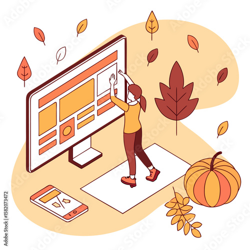 A woman is designing a website layout on a large computer screen surrounded by autumn leaves and a pumpkin symbolizing seasonal online content creation and digital marketing