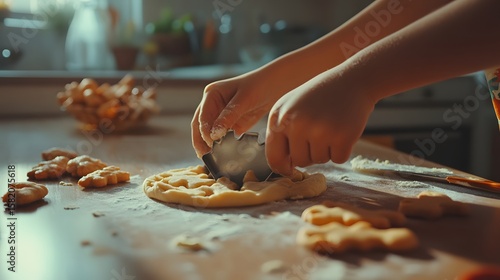 small hands baking cookies, pressing a cookie cutter into dough, kitchen counter scene 
