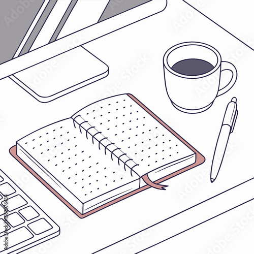 A clean isometric illustration of a desk setup featuring an open notebook with dotted pages a pen a mug of coffee a computer monitor and a keyboard perfect for work or study themes