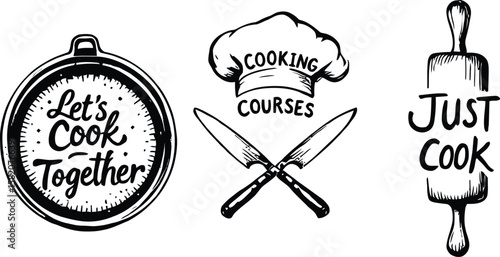 Cooking Typography Icon Set Minimalist Black Silhouettes Featuring Pan Chef Hat Rolling Pin and Inspirational Text for Culinary Graphics